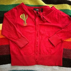 Collectif Red Cardigan with Cactus Embroidery